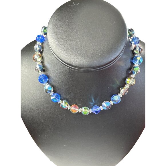 Hobe Jewelry - Faceted Blue Aurora Borealis and Clear Crystal Beaded Necklace Hobe Vintage